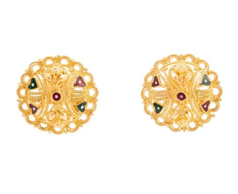 A pair of enamelled stud earrings, each comprising a round domed motif with scalloped edges, embellished with enamelled heart