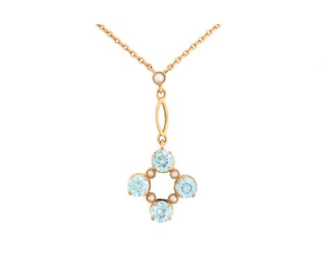 A zircon and seed pearl pendant on chain, featuring four circular-cut zircons in claw settings, with seed pearls in between, 