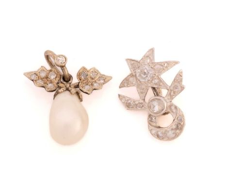 A natural pearl pendant and a star pendant. The natural white 'potato shape pearl measures 11x7.5mm with a diamond set leaf d