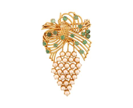 An emerald and pearl pendant brooch, of bow and grape design; the wirework bow-shaped surmount interspersed with circular-cut