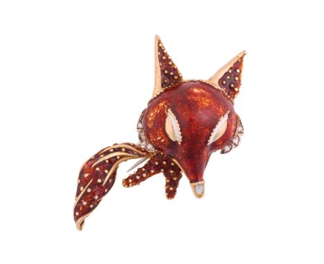 Asprey &amp; Co. - a bejewelled enamel fox brooch in 18ct yellow gold, the brown enamelled body embellished with granulation 