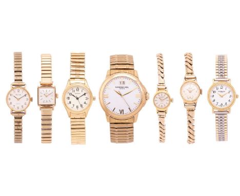 A collection of seven watches including a Raymond Weil in a gilt case measuring 39mm with a quartz movement, a 9ct gold Rotar