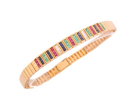 A gem-set articulated link bracelet, central panels channel-set throughout with alternating table-cut emeralds, rubies, sapph