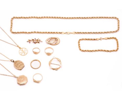 A group of 9ct yellow gold jewellery, to include a rope-twist necklace and matching bracelet, two locket pendants on fine-lin