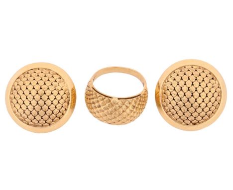 A pair of clip-on earrings and a bombé ring, the earrings each comprise a textured hollow dome with a bevelled rim, fitted wi