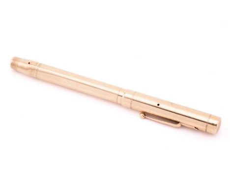 A Mabie Todd&amp; Co Ltd Swan 9ct gold vacuum-filled fountain pen with engine turned decoration to the body and screw cover o