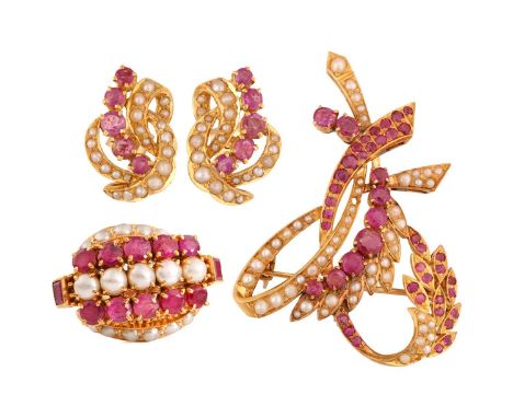 A ruby and seed pearl brooch, ring and earrings en-suite; the gem-set brooch of foliate and ribbon design, comprising an open