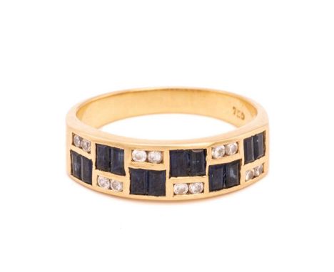 A sapphire and diamond chequerboard ring alternating two brilliant cut diamonds with two baguette cut sapphires set in yellow
