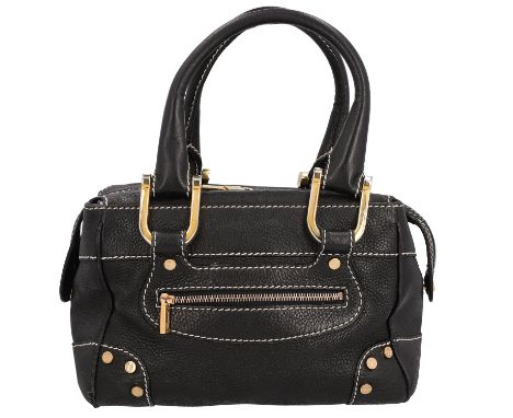 CHOPARD Handtasche "150th ANNIVERSARY 1860/2010". Genarbtes Leder in Schwarz mit goldfarbener Hardware und Steppungen in Weiß