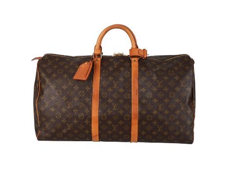 LOUIS VUITTON VINTAGE Weekender "KEEPALL 55". Koll. 1991. Monogram Canvas Serie mit naturbelassenem Leder und goldfarbener Ha