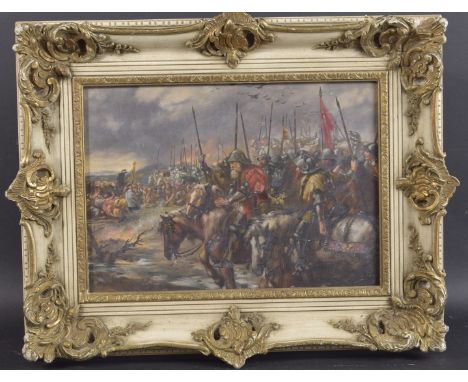 19TH CENTURY SCHOOL Medieval army being blessed before battle, oil on board, 9.5" x 13.5" (24cm x 34cm)