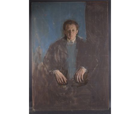 GEORGE WEISSBORT (1928 - 2013) A HALF LENGTH PORTRAIT OF A MAN his hands in front of him. Oil on board, unframed 132cm x 90cm