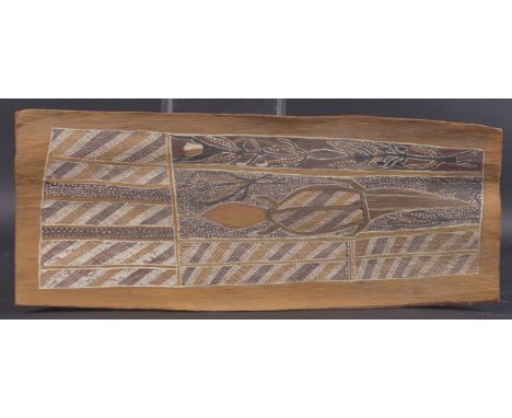 AUSTRALIAN ABORIGINAL Crocodile within geometric panels, pigment on bark, from a private collection c.1970's 25" x 10" (64cm 