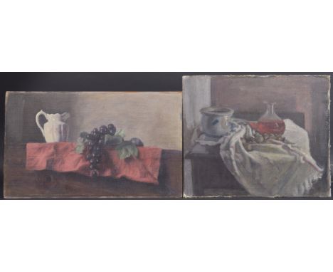 GEORGE WEISSBORT (1928 - 2013) A STILL LIFE a white jug and grapes. Oil on canvas and board, unframed. 33cm x 56cm And A STIL