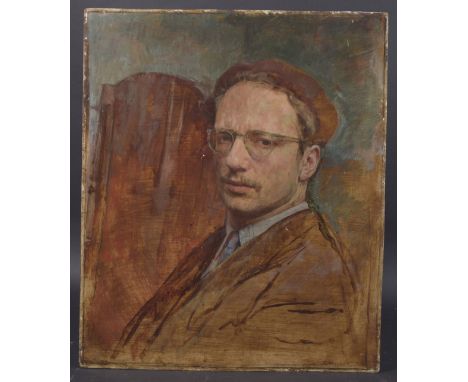 GEORGE WEISSBORT (1928 - 2013) A SELF PORTRAIT OF THE ARTIST. Signed and dated, 1953 Oil on board, unframed, 34cm x 46cm.