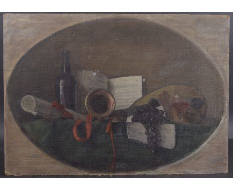 GEORGE WEISSBORT (1928 - 2013) A STILL LIFE, A MANDOLIN, a horn, a bottle of wine and music. Oil on canvas, unframed, oval 48