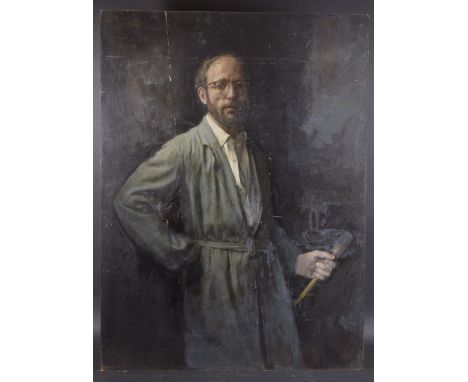 GEORGE WEISSBORT (1928 - 2013) A PORTRAIT, 3/4 lengthj of the artist holding a paint brush. Oil on panel, unframed. 116cm x 8