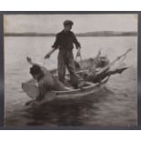 AFTER HENRY SCOTT TUKE Boys fishing from a rowing boat, black and white print, signed, unframed 15.
