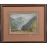 PAOUL MILLAIS (FRENCH 20TH CENTURY) Mountain landscape with deer, watercolour, 6.25" x 9" (16cm x