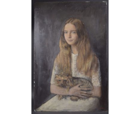 GEORGE WEISSBORT (1928 - 2013) A PORTRAIT OF A YOUNG GIRL, a dog on her lap. Signed, oil on board, unframed. 92cm x 62cm