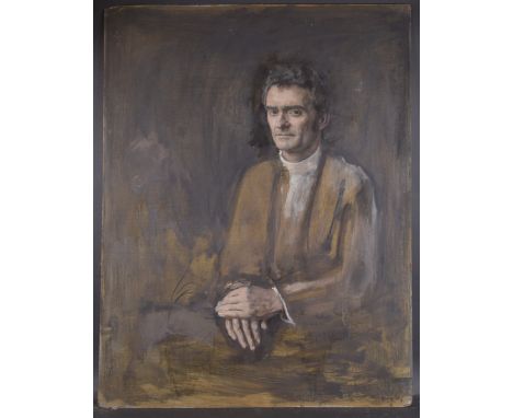 GEORGE WEISSBORT (1928 - 2013) A HALF LENGTH PORTRAIT OF A MAN, hands crossed. Oil on board, unframed 127cm x 98cm