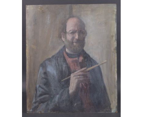 GEORGE WEISSBORT (1928 - 2013) SELF PORTRAIT holding a paint brush. Oil on panel, unframed. 55cm x 46cm