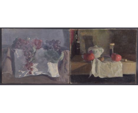 GEORGE WEISSBORT (1928 - 2013) TWO STILL LIFES, tomatoes  and a sugar basin on a white cloth AND grapes, wine glass on a whit