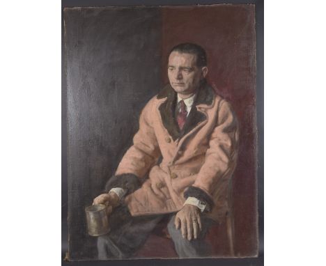 GEORGE WEISSBORT (1928 - 2013) A PORTRAIT OF A SEATED MAN holding a tankard Oil on panel, unframed 122cm x 94cm