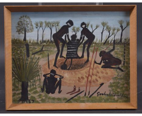 GOOBALATHALDIN (DICK ROUGHSEY) ABORIGINAL AUSTRALIAN (1924-1985) 'The Burial of the Puri Puri Man Monnington Island' oil on b