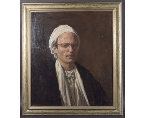 GEORGE WEISSBORT (1928 - 2013) PORTRAIT OF THE ARTIST with white head wear Signed, oil on board 70cm x 60cm
