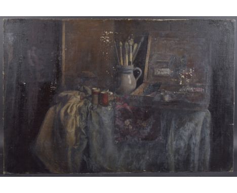 GEORGE WEISSBORT (1928 - 2013) THE ARTIST'S TOOLS Oil on canvas on board, unframed 30cm x 90cm