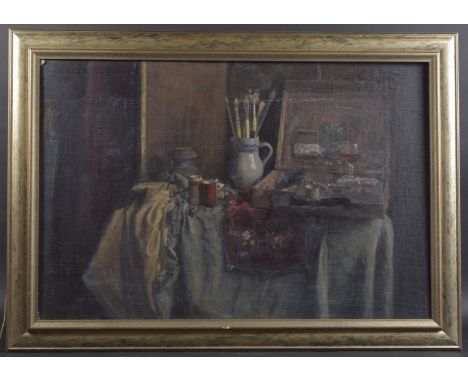 GEORGE WEISSBORT (1928 - 2013) THE ARTIST'S TOOLS Oil on canvas on board, framed 60cm x 90cm