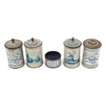 Set von 4 BING Kaufladen-Knaufdosen und 1 sehr schöne Heringsdose, 2 Dosen mit Lackfehlern, Höhe 2