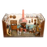 Rauchfangküche um 1850, mit Rauchfang, Feuerstelle, Regaleinbauten und Hühnerstall, alte Bemalung,