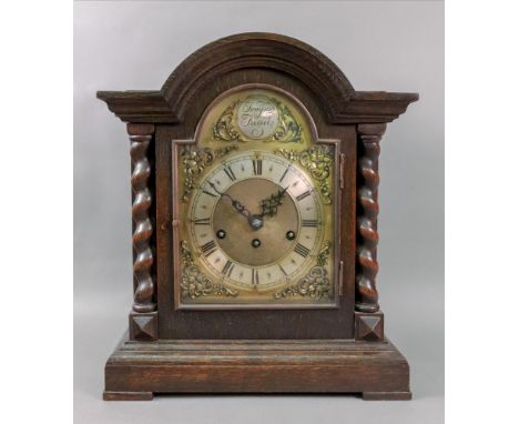 Junghans Wurttemberg; an early 20th century oak domed case bracket clock in late 17th century style, with barley twist pilast