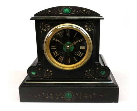 J. W. Benson Ludgate Hill London; a Victorian black marble foliate carved and malachite inset mantel clock, circa 1880, with 