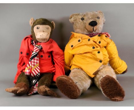 A monkey cuddly toy, wearing a red shirt and tie, 66cm tall, together with a Chad Valley blond Teddy bear, in a yellow shirt 