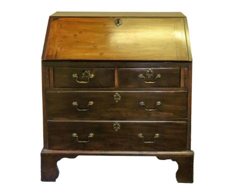 A mahogany bureau, of small proportions, reconstructed from a larger George III bureau, stamped 'H Mawer &amp; Stephenson Ltd