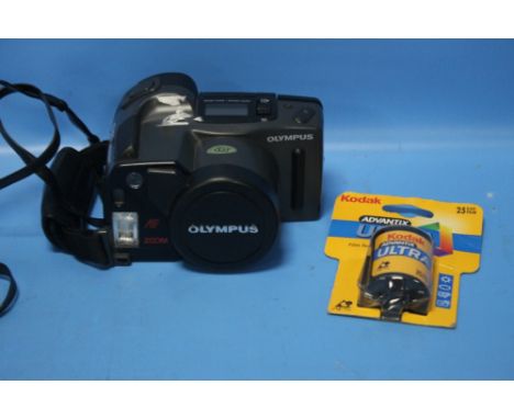 AN OLYMPUS AZ-300 SUPER ZOOM CAMERA IN CASE WITH A NEW FILM