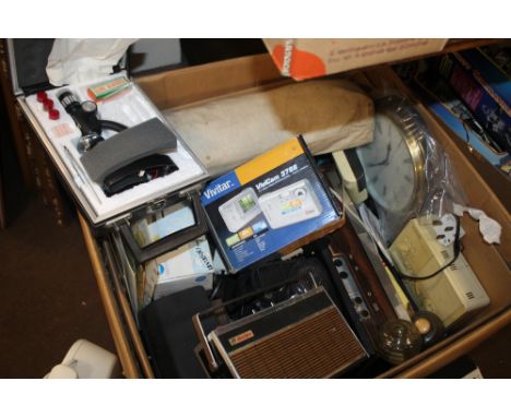 A QUANTITY OF SUNDRIES TO INCLUDE RADIOS, CASED MICROSCOPE, CAMERA ETC.