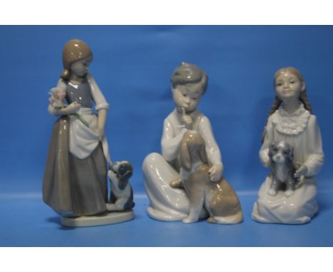 TWO NAO FIGURES AND A LLADRO FIGURE WITH PUPPY  (3)