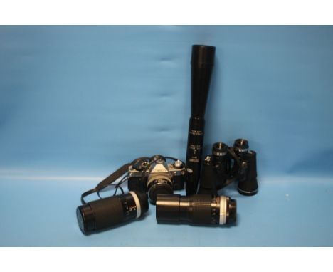 A CANNON AE-1 CAMERA, A PAIR OF BINOCULARS, TWO CAMERA LENSES ETC.