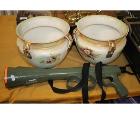 TWO CERAMIC VASES TOGETHER WITH A DOG BALL LAUNCHER