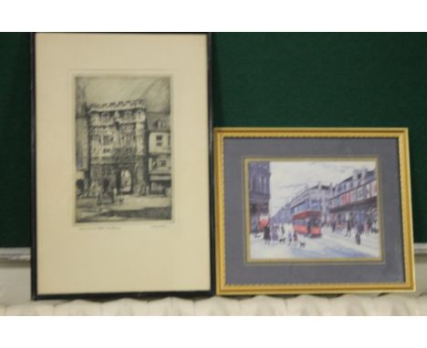 A PRINT OF A BETTY STIRLING PAINTING OF TRAMS TOGETHER WITH AN ETCHING OF CANTERBURY GATE BY ADRIAN HILL&nbsp; (2)