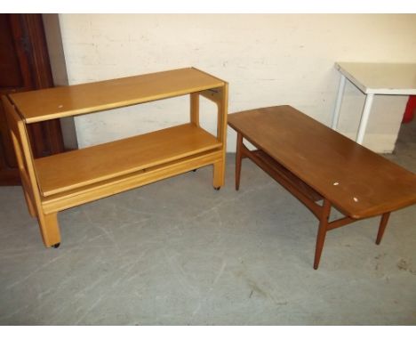 A VINTAGE FOLD OUT TROLLEY TABLE AND A VINTAGE COFFEE TABLE WITH STRETCHER SHELF