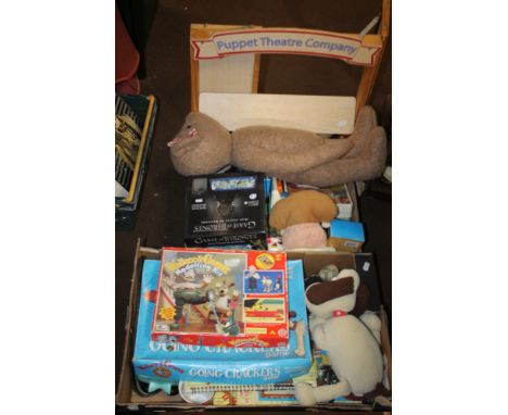 TWO TRAYS OF CHILDREN'S TOYS TO INCLUDE PUPPET THEATRE, ETC. (TRAYS NOT INCLUDED)