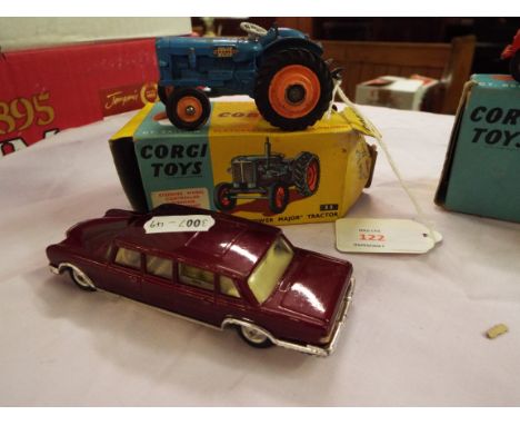 A boxed Corgi Toys Fordson Power Major tractor No. 55 with blue body and orange hubs together with a Corgi Mercedes Benz 600 