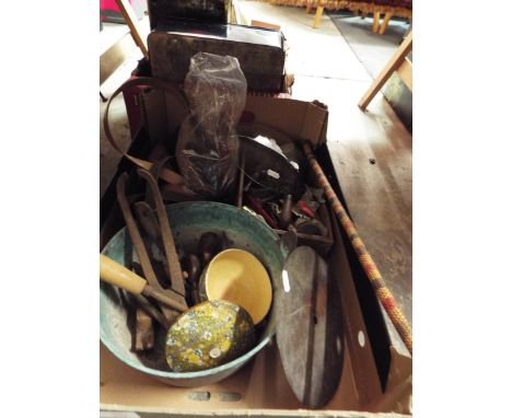 A selection of items to include vintage tools, brass preserve pan, riding crop, leather belts etc