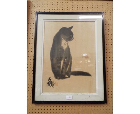 An early 20thC print of a Japanese style watercolour cat