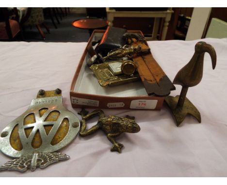 A selection of assorted metalware etc to include AA badge, brass bird figures, draughtsman's tools, car mascot, rulers and ot